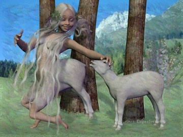 動物 Painting - かわいいハイジの女の子が羊に変身 2